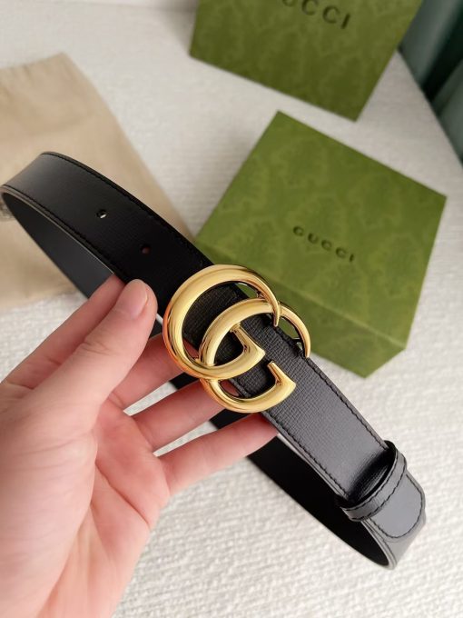 GUCCI Gucci Leather Belt with Bright Gold - toned Double G Buckle, Unisex, Black, 3cm Wide.