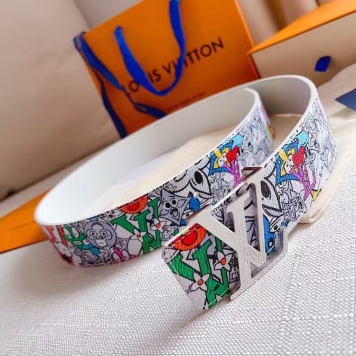 LOUIS VUITTON Graffiti Print Design, Decorated with Logo Letters, Smooth Buckle, Leather Belt, Unisex Couples Style, Multiple Colors Available, 4cm Wide - Image 5