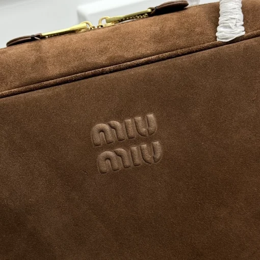 MIU MIU Beau Bowling Bag in Cocoa Suede with Gold-Tone Logo & Zipper - Image 2