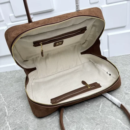 MIU MIU Beau Bowling Bag in Cocoa Suede with Gold-Tone Logo & Zipper - Image 3