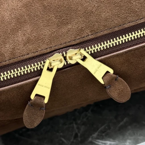 MIU MIU Beau Bowling Bag in Cocoa Suede with Gold-Tone Logo & Zipper - Image 4