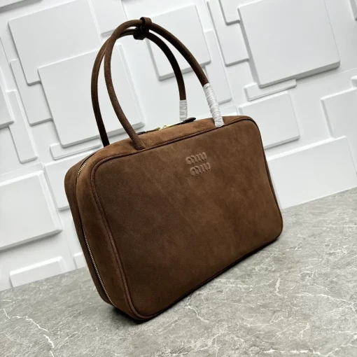 MIU MIU Beau Bowling Bag in Cocoa Suede with Gold-Tone Logo & Zipper