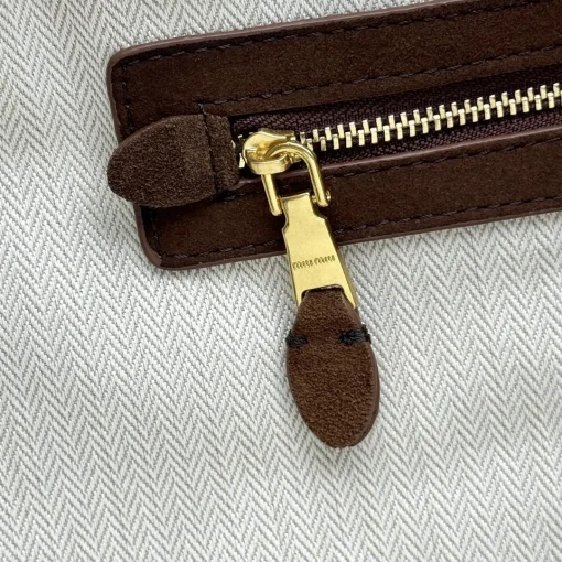 MIU MIU Beau Bowling Bag in Cocoa Suede with Gold-Tone Logo & Zipper - Image 7