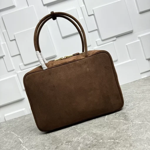 MIU MIU Beau Bowling Bag in Cocoa Suede with Gold-Tone Logo & Zipper - Image 8