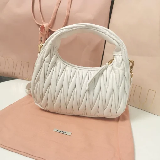 MIU MIU Wander Small White Matelassé Leather Crescent Bag - Image 4