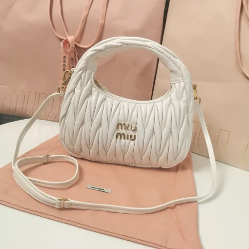 MIU MIU Wander Small White Matelassé Leather Crescent Bag
