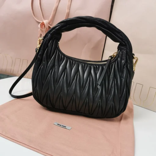 MIU MIU Vintage Jacquard-Embroidered Black Lambskin Hobo Bag with Metal Logo - Image 3