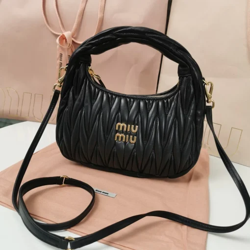 MIU MIU Vintage Jacquard-Embroidered Black Lambskin Hobo Bag with Metal Logo