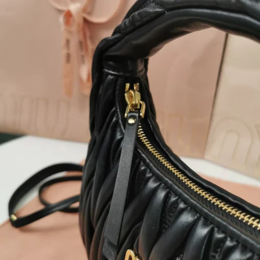 MIU MIU Vintage Jacquard-Embroidered Black Lambskin Hobo Bag with Metal Logo - Image 7