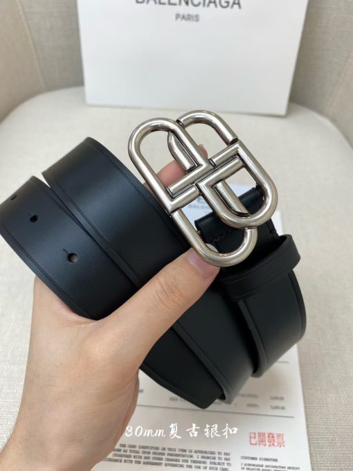 Balenciaga Paris Men's Black Cowhide Belt with Logo Smooth Buckle, Large Size, 3.5cm Wide
