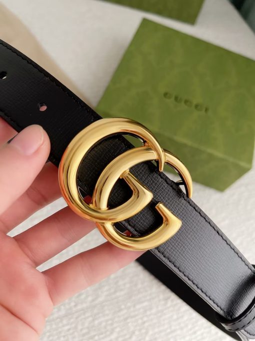GUCCI Gucci Leather Belt with Bright Gold - toned Double G Buckle, Unisex, Black, 3cm Wide. - Image 9