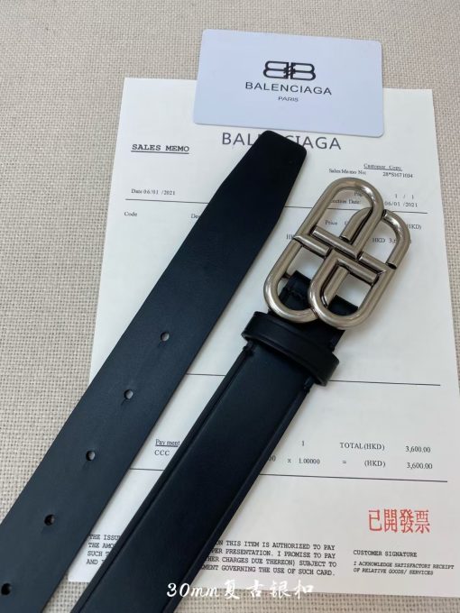 Balenciaga Paris Men's Black Cowhide Belt with Logo Smooth Buckle, Large Size, 3.5cm Wide - Image 2