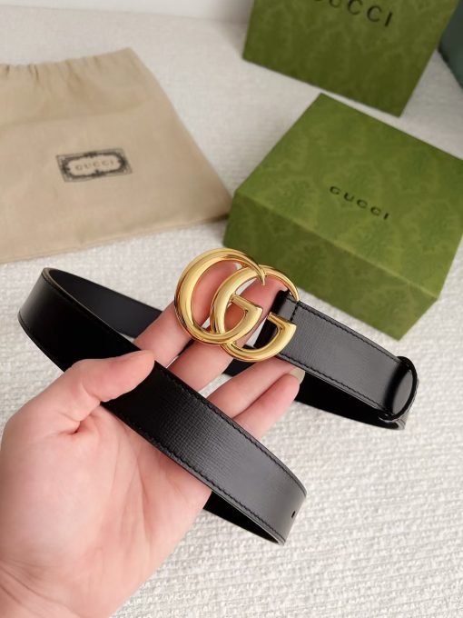 GUCCI Gucci Leather Belt with Bright Gold - toned Double G Buckle, Unisex, Black, 3cm Wide. - Image 5