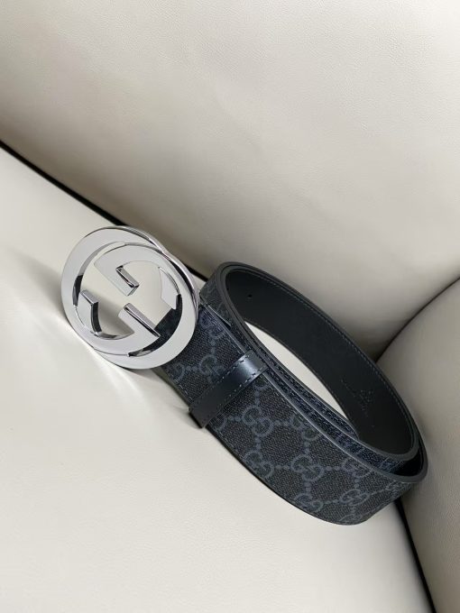 GUCCI Gucci Double G Logo Plate Buckle Belt with Monogram Pattern, Leather Belt, Men's Style, 4cm Wide - Image 6