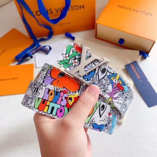 LOUIS VUITTON Graffiti Print Design, Decorated with Logo Letters, Smooth Buckle, Leather Belt, Unisex Couples Style, Multiple Colors Available, 4cm Wide - Image 3