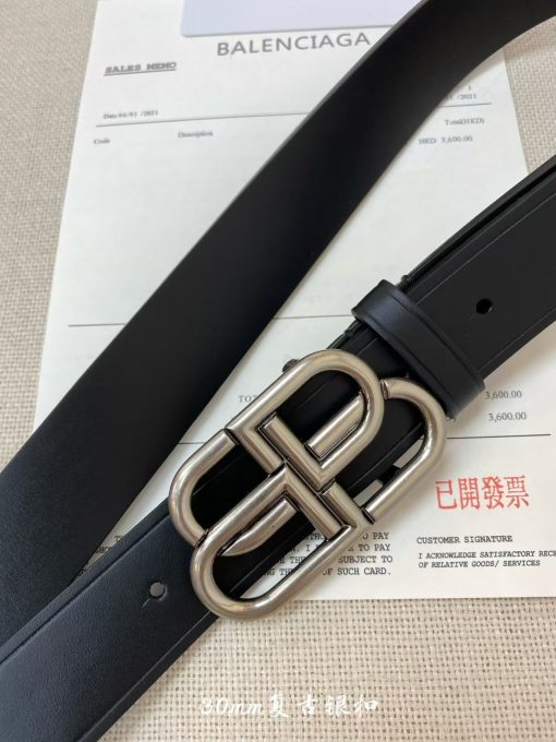 Balenciaga Paris Men's Black Cowhide Belt with Logo Smooth Buckle, Large Size, 3.5cm Wide - Image 3