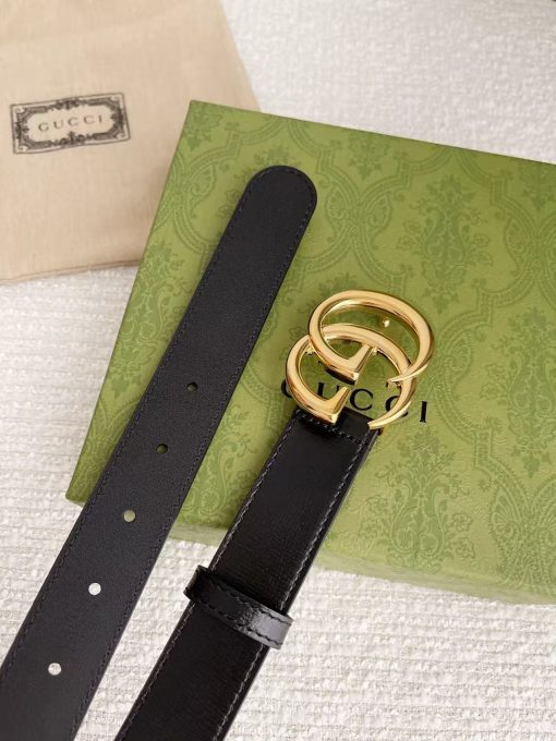 GUCCI Gucci Leather Belt with Bright Gold - toned Double G Buckle, Unisex, Black, 3cm Wide. - Image 8