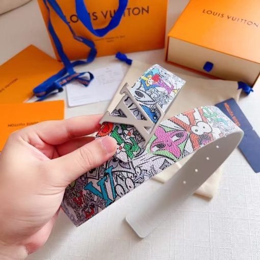 LOUIS VUITTON Graffiti Print Design, Decorated with Logo Letters, Smooth Buckle, Leather Belt, Unisex Couples Style, Multiple Colors Available, 4cm Wide - Image 4