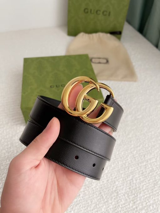 GUCCI Gucci Leather Belt with Bright Gold - toned Double G Buckle, Unisex, Black, 3cm Wide. - Image 7