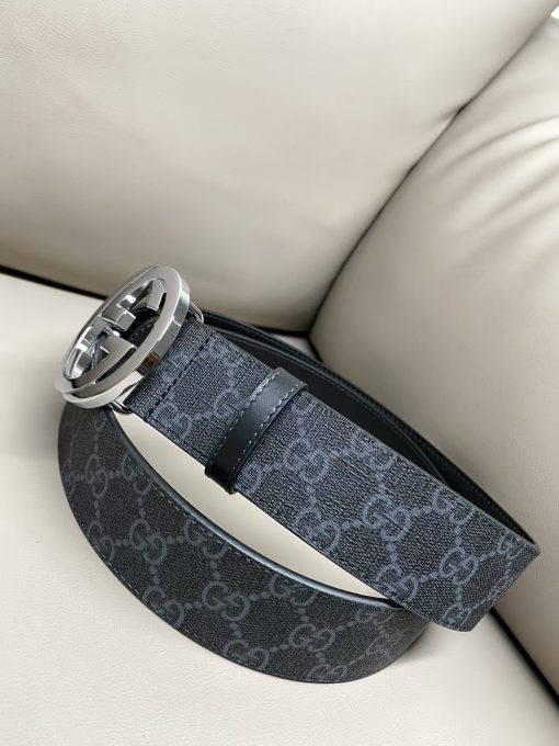 GUCCI Gucci Double G Logo Plate Buckle Belt with Monogram Pattern, Leather Belt, Men's Style, 4cm Wide - Image 5