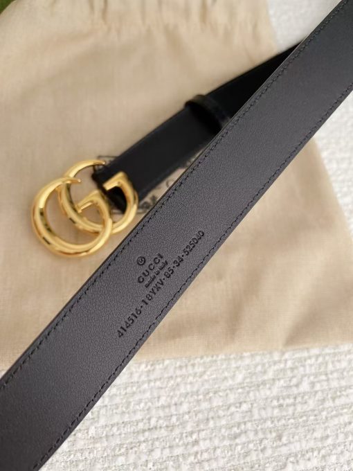 GUCCI Gucci Leather Belt with Bright Gold - toned Double G Buckle, Unisex, Black, 3cm Wide. - Image 4