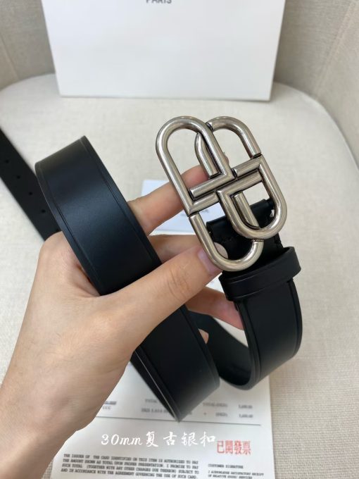 Balenciaga Paris Men's Black Cowhide Belt with Logo Smooth Buckle, Large Size, 3.5cm Wide - Image 4