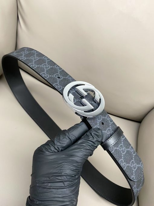 GUCCI Gucci Double G Logo Plate Buckle Belt with Monogram Pattern, Leather Belt, Men's Style, 4cm Wide - Image 4