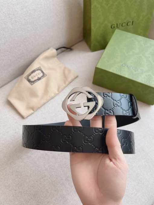 GUCCI Double G Casual Belt for Men, Black, Made of Cowhide, 4cm Wide - Image 4