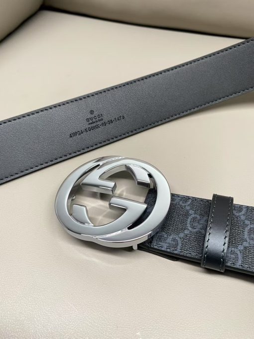 GUCCI Gucci Double G Logo Plate Buckle Belt with Monogram Pattern, Leather Belt, Men's Style, 4cm Wide - Image 3