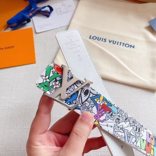 LOUIS VUITTON Graffiti Print Design, Decorated with Logo Letters, Smooth Buckle, Leather Belt, Unisex Couples Style, Multiple Colors Available, 4cm Wide - Image 6