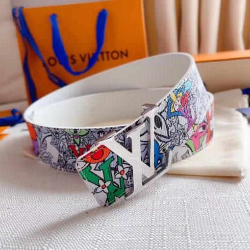 LOUIS VUITTON Graffiti Print Design, Decorated with Logo Letters, Smooth Buckle, Leather Belt, Unisex Couples Style, Multiple Colors Available, 4cm Wide - Image 7
