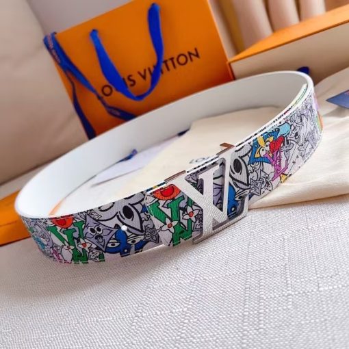 LOUIS VUITTON Graffiti Print Design, Decorated with Logo Letters, Smooth Buckle, Leather Belt, Unisex Couples Style, Multiple Colors Available, 4cm Wide