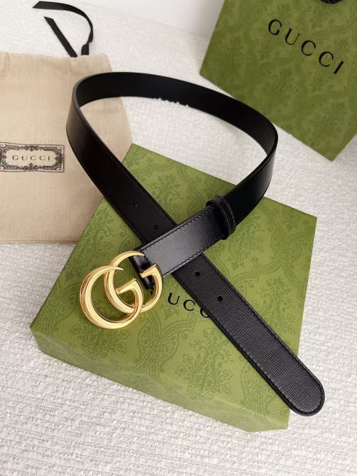 GUCCI Gucci Leather Belt with Bright Gold - toned Double G Buckle, Unisex, Black, 3cm Wide. - Image 3