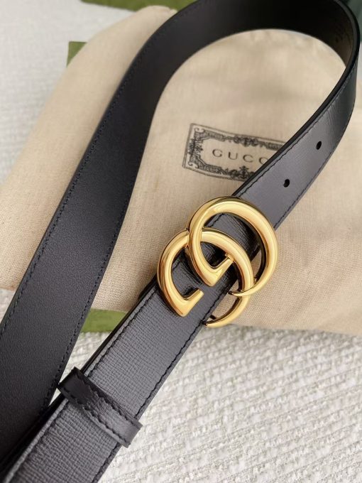 GUCCI Gucci Leather Belt with Bright Gold - toned Double G Buckle, Unisex, Black, 3cm Wide. - Image 2
