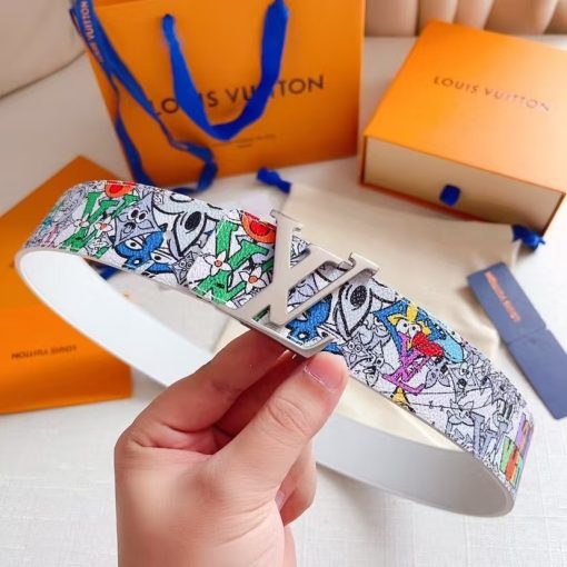 LOUIS VUITTON Graffiti Print Design, Decorated with Logo Letters, Smooth Buckle, Leather Belt, Unisex Couples Style, Multiple Colors Available, 4cm Wide - Image 8