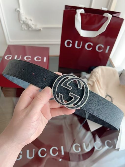 GUCCI Gucci Logo - designed Smooth Buckle Leather Belt, Unisex, Black, 4cm Wide.