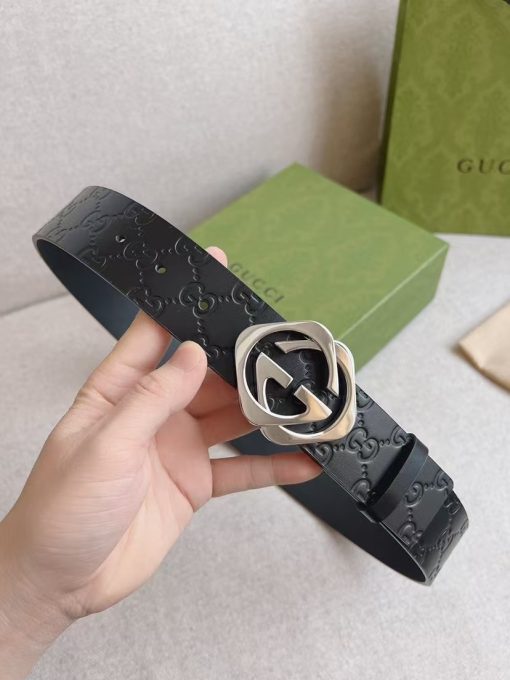GUCCI Double G Casual Belt for Men, Black, Made of Cowhide, 4cm Wide